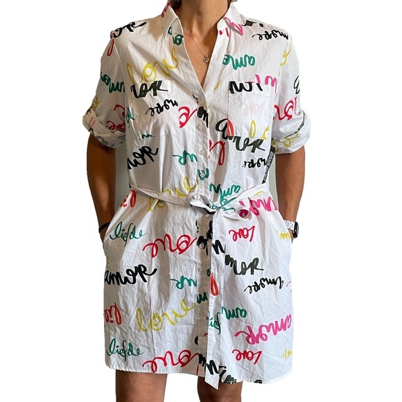 NY and Company Tops - NY and Company Womens‎ White Love Script Button Down Shirt Dress Belted L
